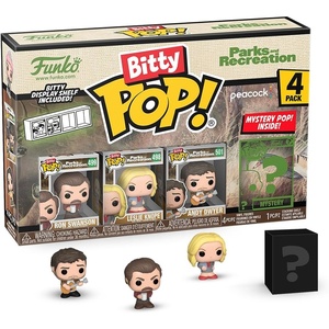 image:imageFunko Bitty Pop Parks amp Recreation 4pk Ron Swanson Leslie Knope Andy Dwyer and A Surprise Mystery Mini Figure 22 Cm  Stackable Display Shelf Included  Party Bags Stocking